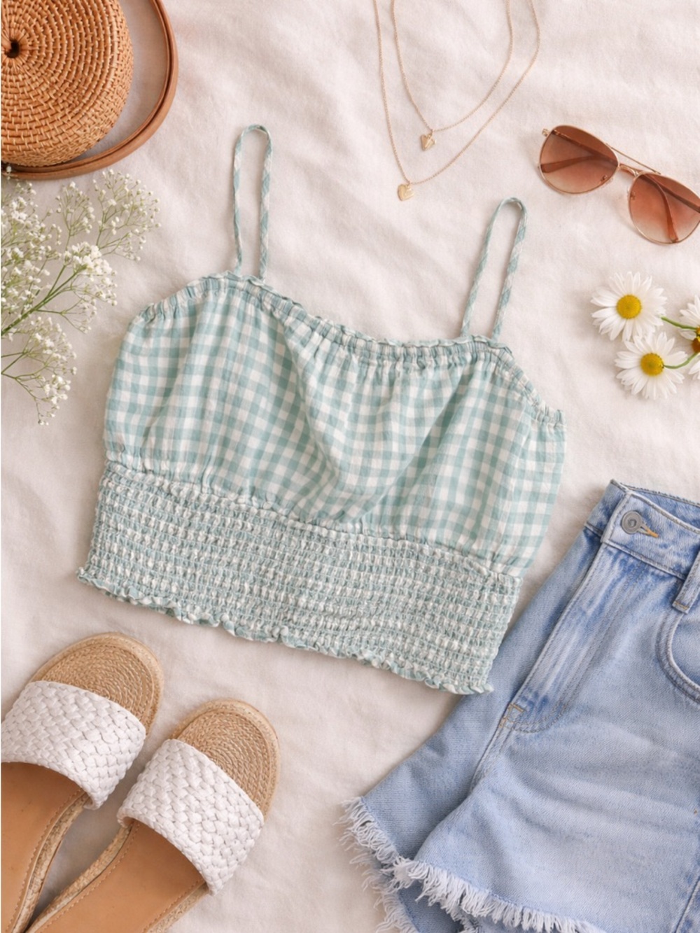 American Eagle Gingham Smocked Crop Tank Top Green Cottagecore